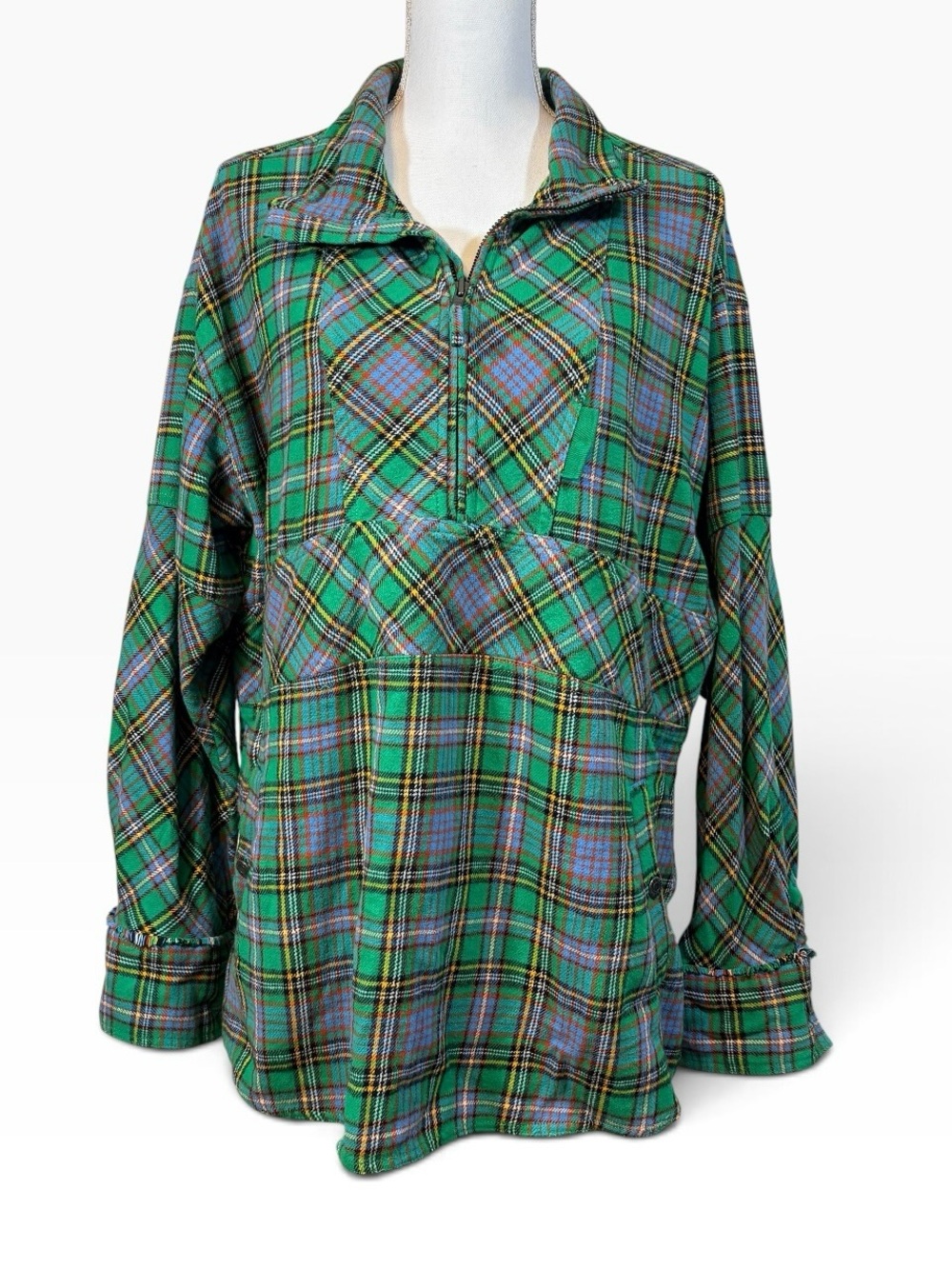 Free People We The Free Wind River Green Combo Plaid Flannel 1/2 Zip Pullover S